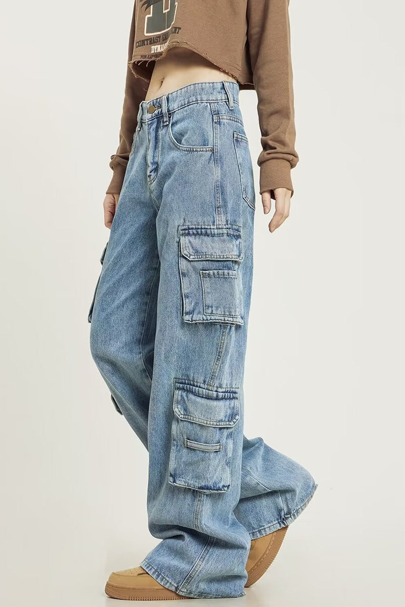 Vintage Washed Wide Leg Cargo Jeans