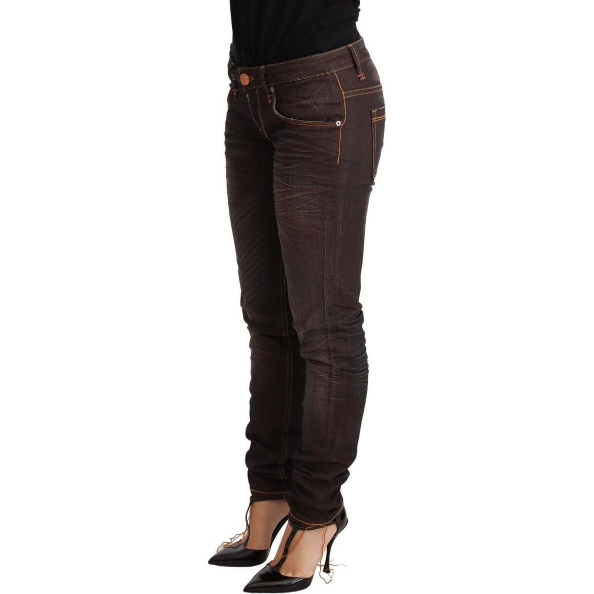 Acht Brown Washed Cotton Slim Fit Denim Low Waist Trouser Jeans