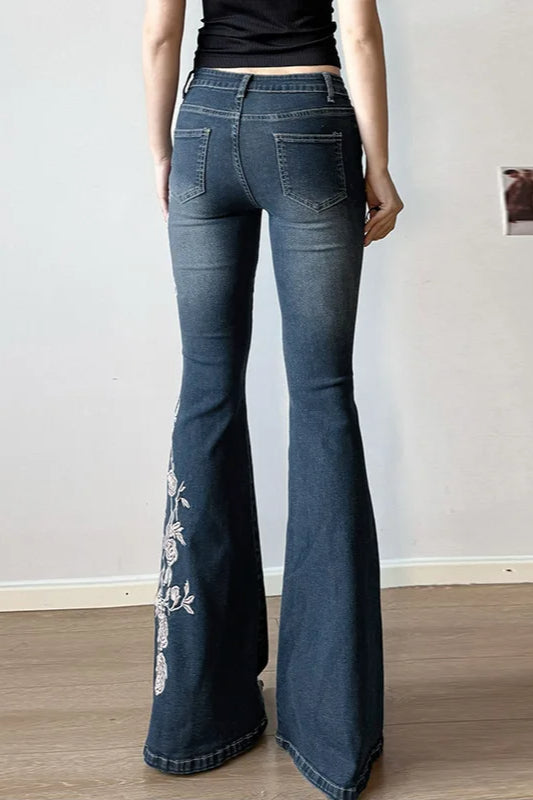 Vintage Plant Embroidered Bootcut Jeans