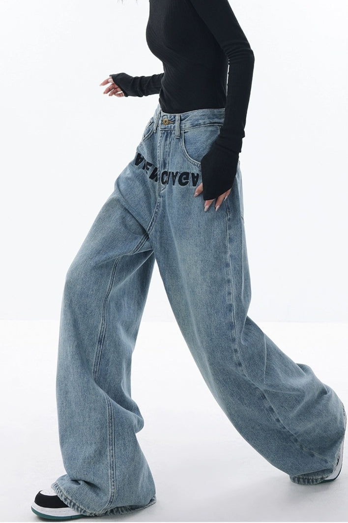 High Rise Embroidered Wide Leg Jeans