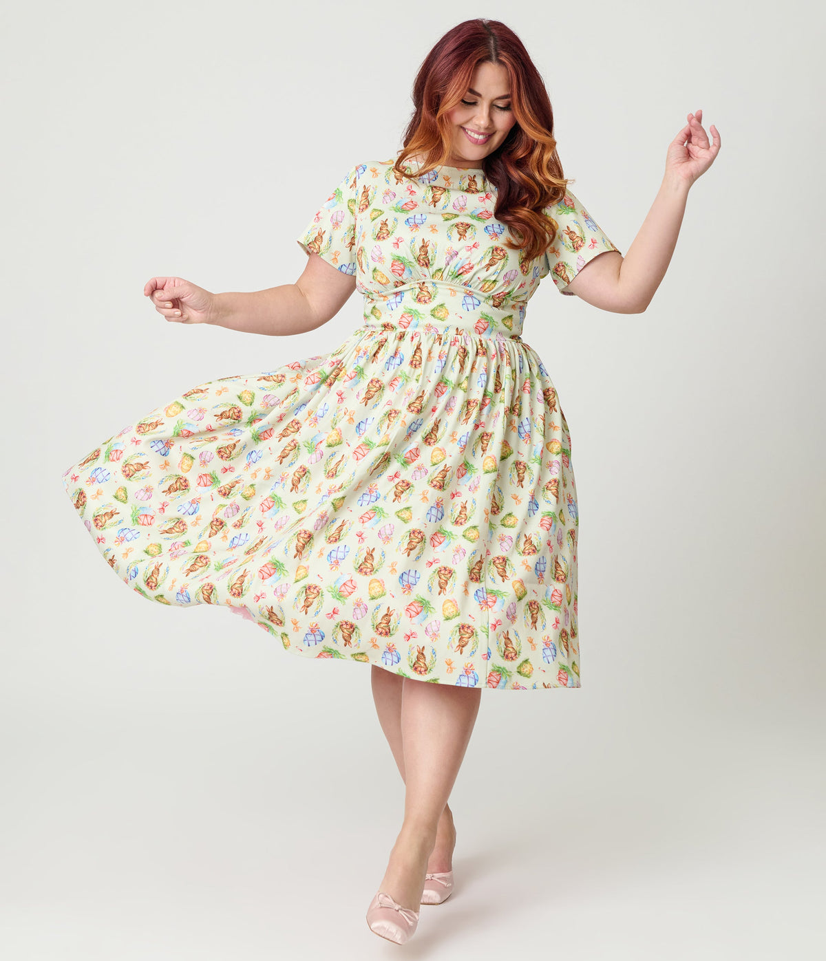 Unique Vintage Plus Size Green Easter Bunny Print Swing Dress