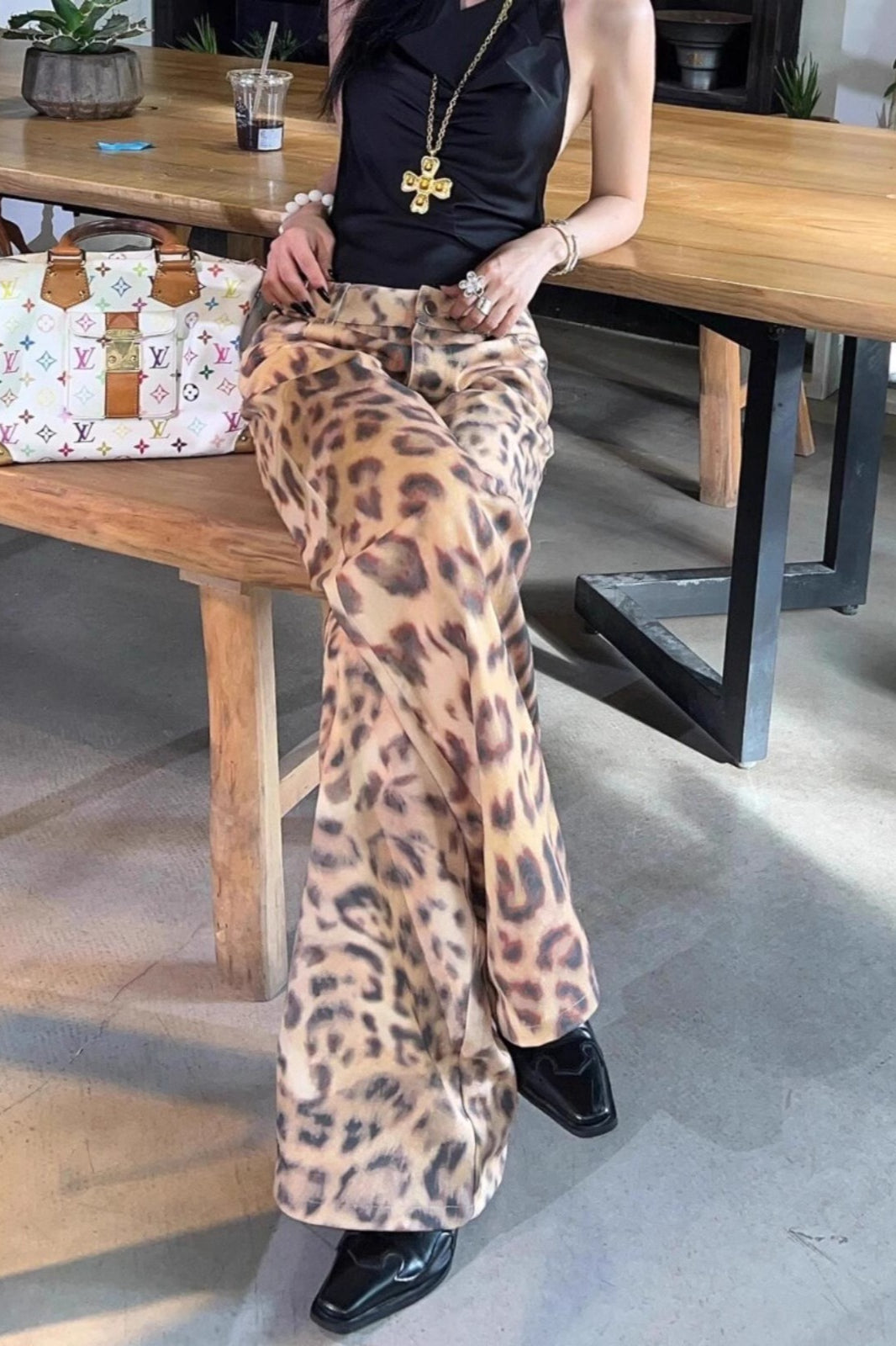 Leopard Print Low Rise Wide Leg Jeans