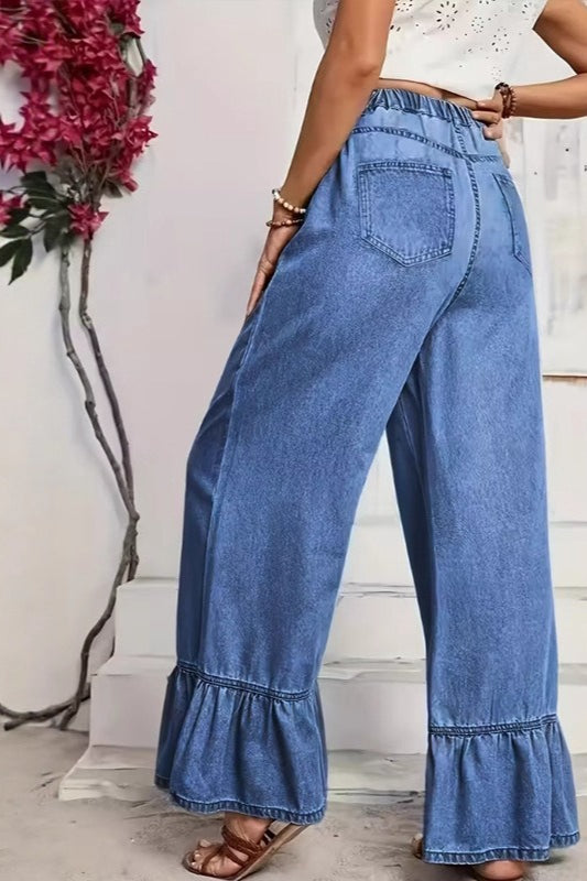 Ruffled Wide Leg Straight Loose Floor Length Jeans