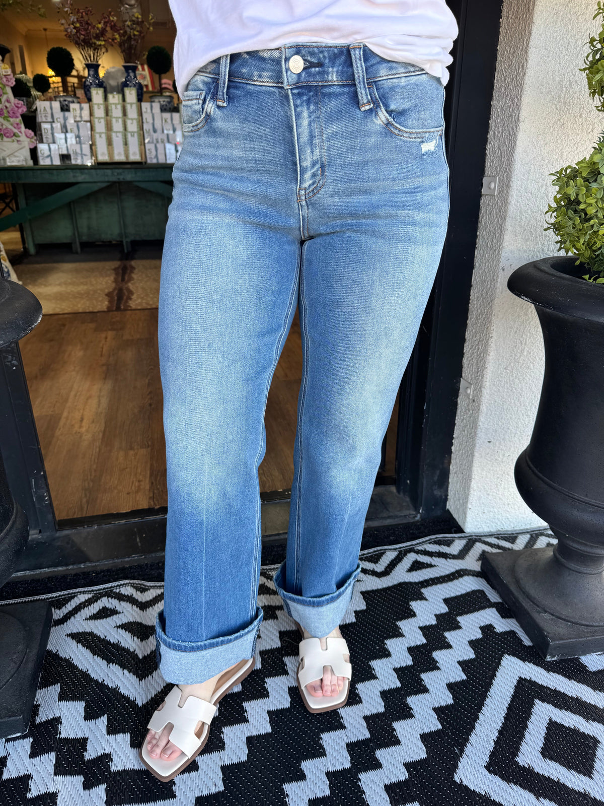 Mid Rise Ankle Cuffed Slim Wide Jean - Delicate Gleam