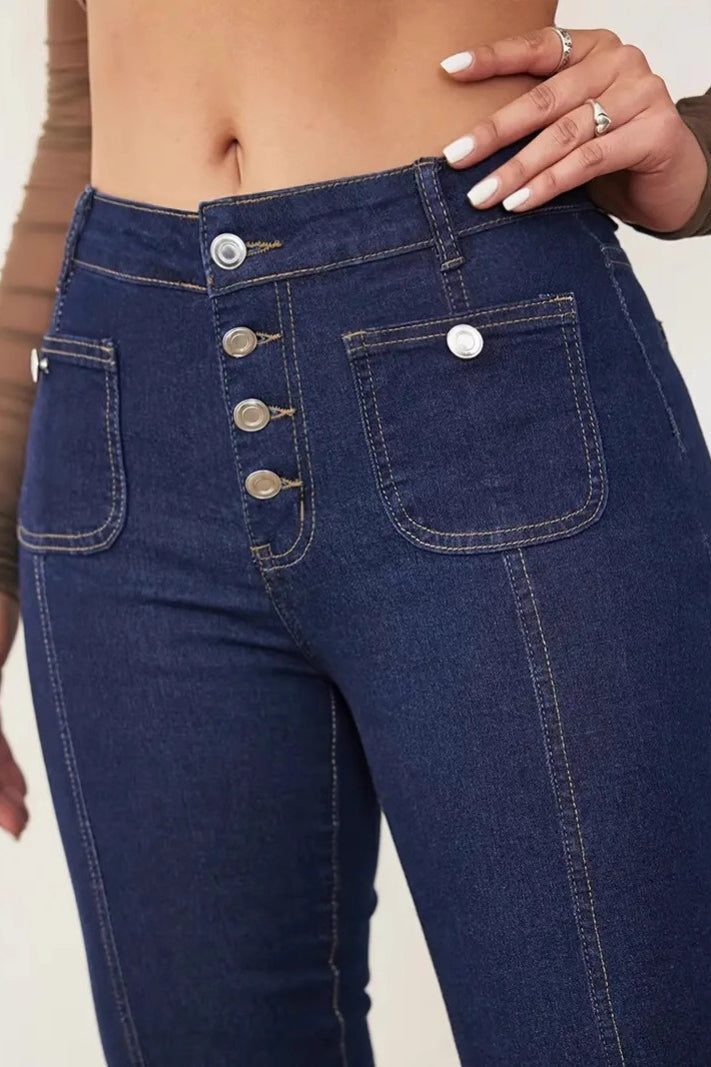 High Waist Button Front Patchwork Slim Kick Flare Jeans