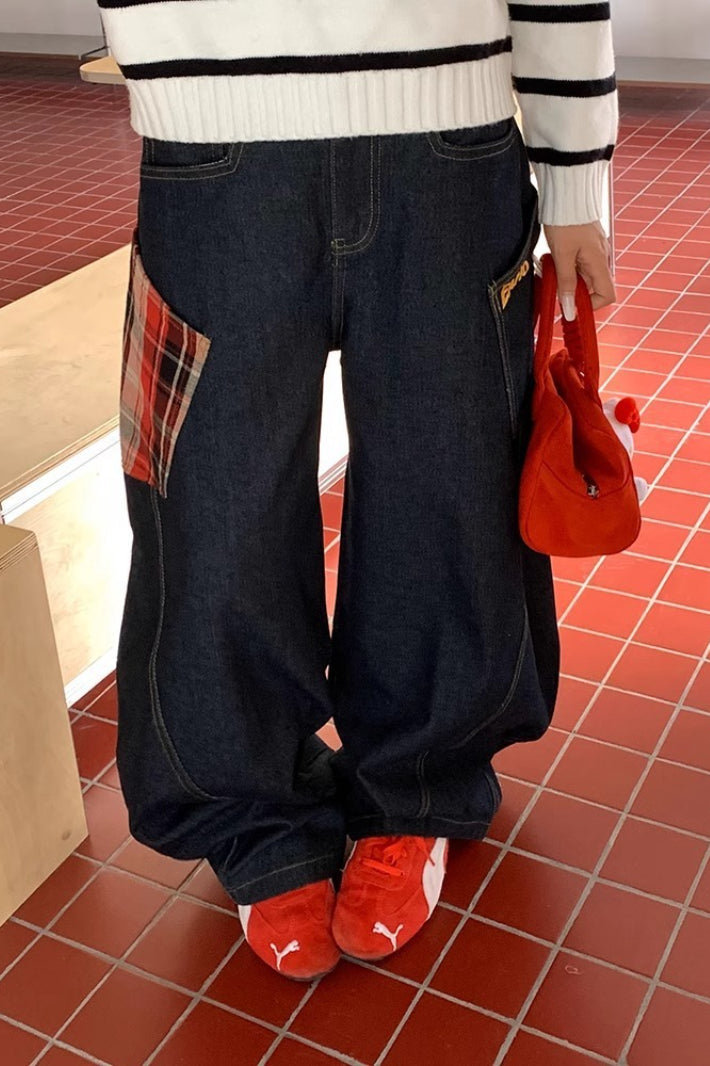 Plaid Patchwork Slouchy Retro Curved Denim Jeans
