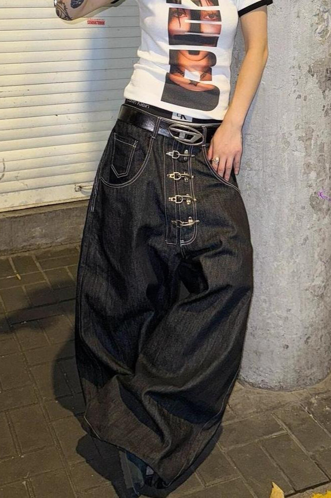 Washed Button Fly Wide Leg Jeans
