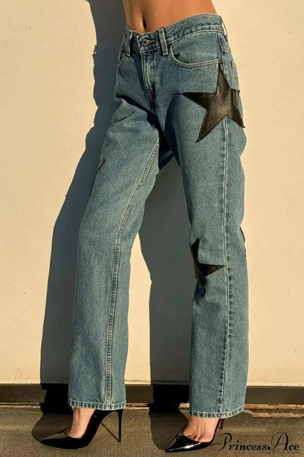Leather Star Patchwork Straight Leg Jeans