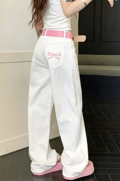 Embroidered Pink Bow Wide Leg Jeans