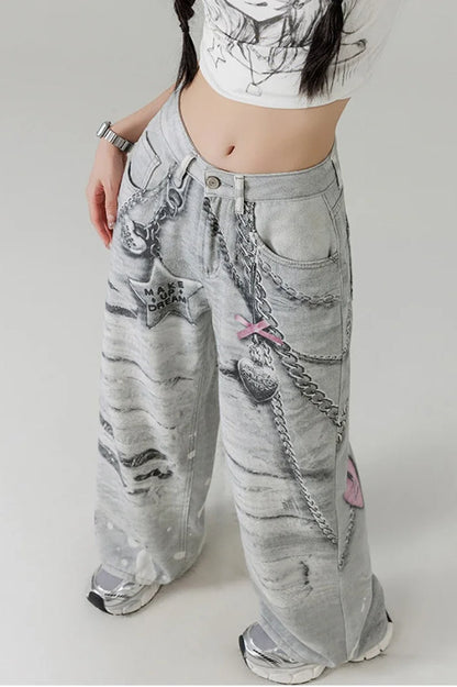 Metal Love Chain Straight Leg Jeans