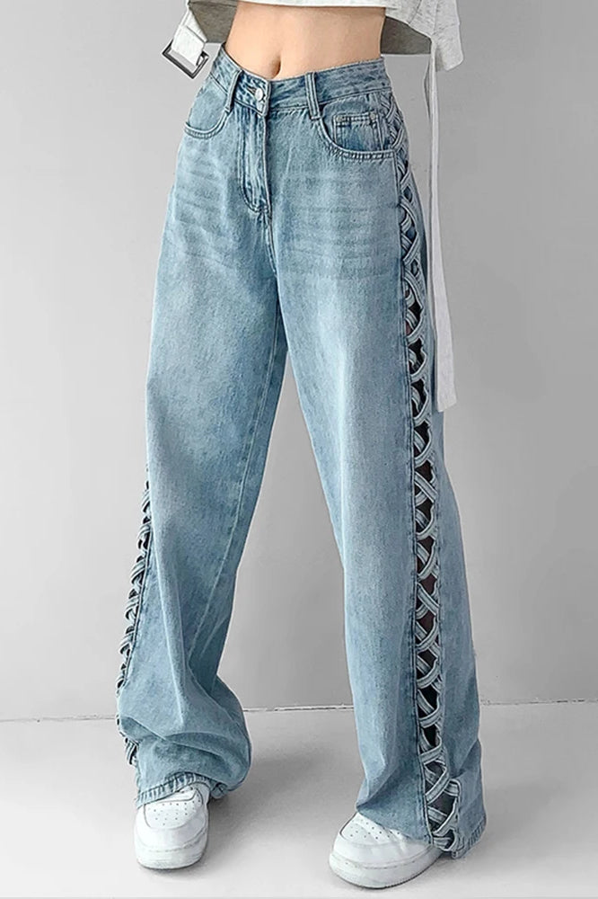 Side Braided Cutout Wide Leg Jeans