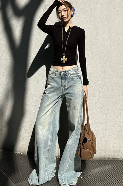 Washed Wide-Leg Distressed Jeans