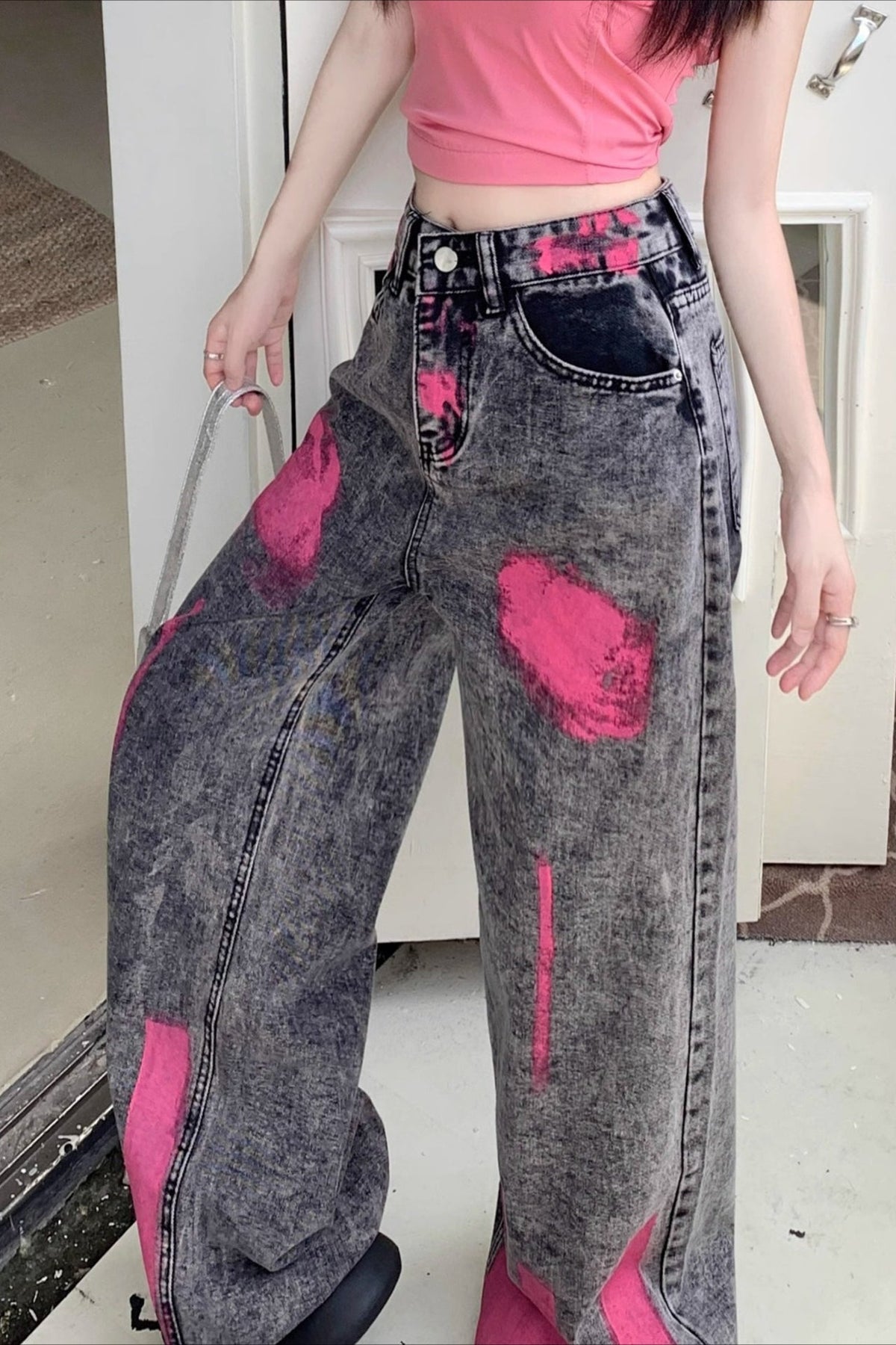 Graffiti Print High Street Straight Wide Leg Flowy Jeans