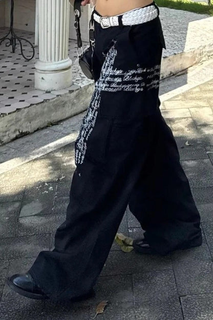 Letter Print Wide-Leg Baggy Jeans