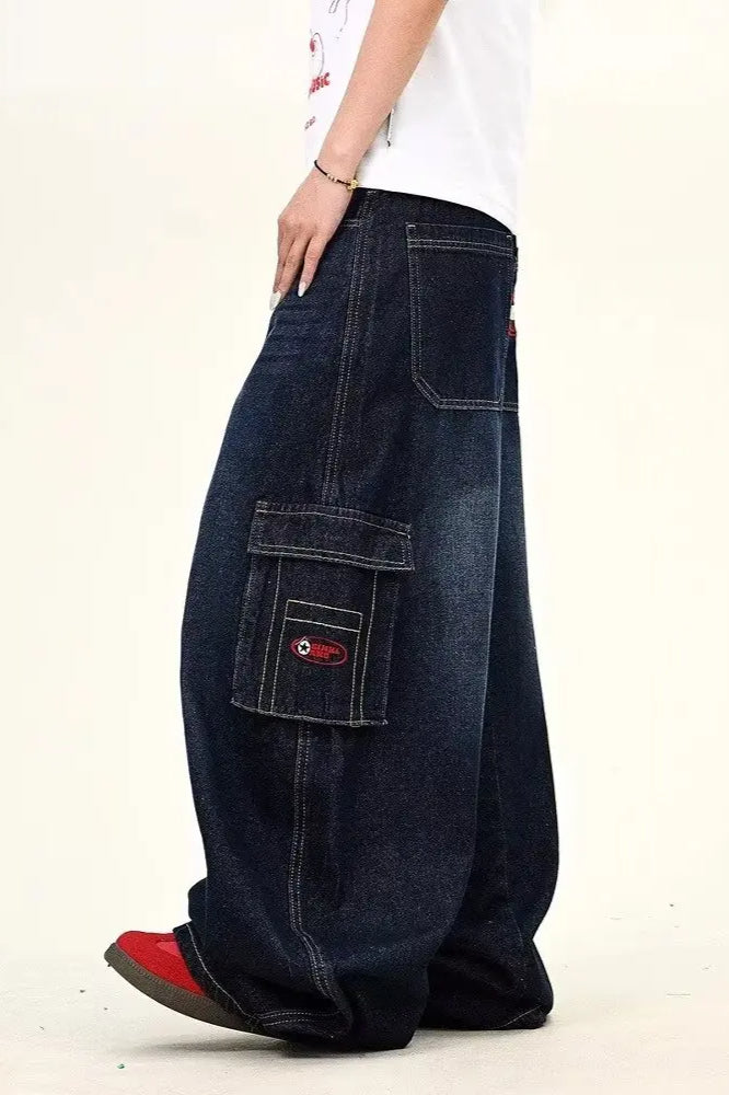 Dark Blue Cargo Wide-Leg Jeans