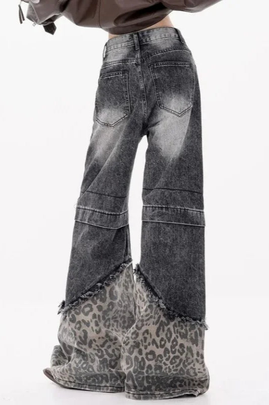 Patchwork Leopard Wide Leg Jeans