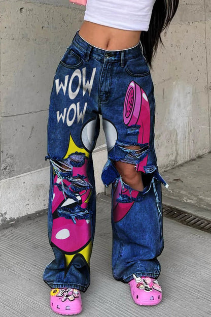 Mid Waist Printed Baggy Jeans
