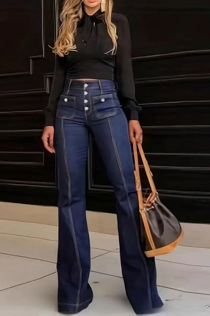 High Waist Button Front Patchwork Slim Kick Flare Jeans