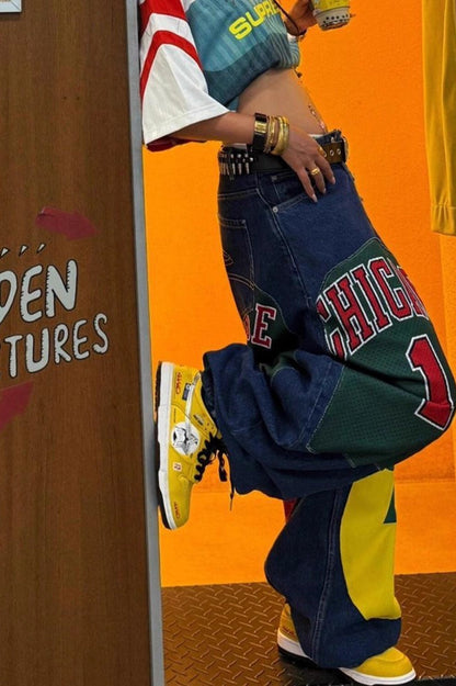 Graphic Patch Wide Leg Floor Length Trendy Hip Hop Jeans