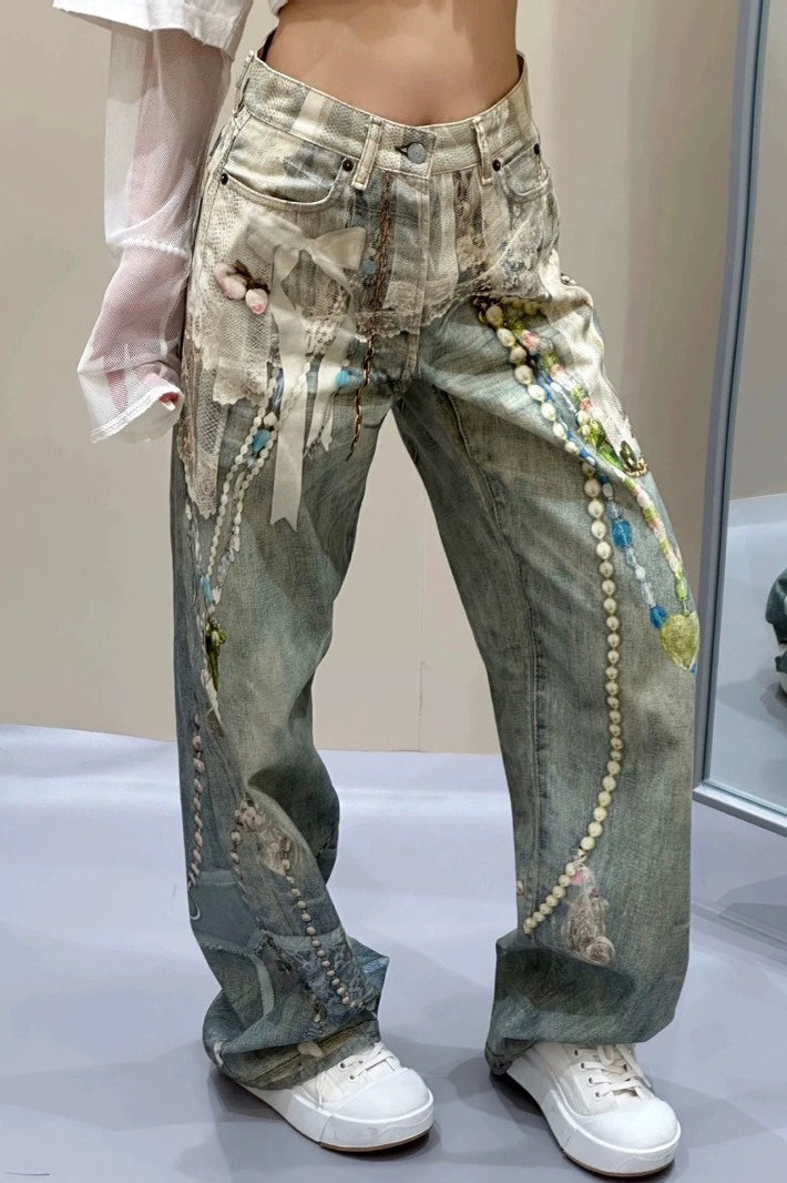 Lace Pearl Chain Printed Vintage Washed Casual Jeans