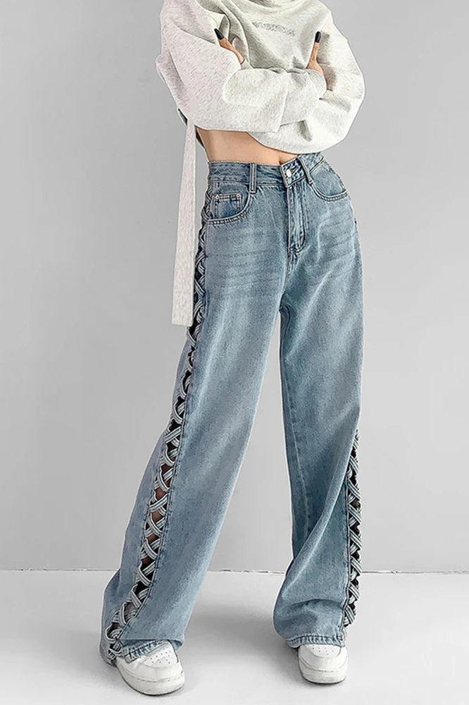 Side Braided Cutout Wide Leg Jeans