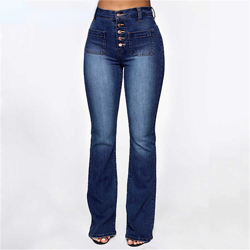 DressBetty - High Waist Elastic Jeans Women Button Washed Denim Pants Femme Pocke