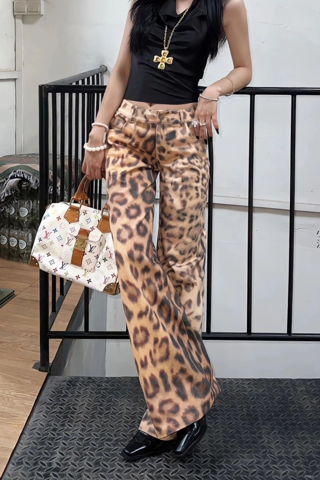 Leopard Print Low Rise Wide Leg Jeans