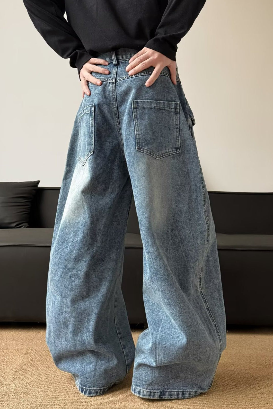 Leopard Print Patchwork Tie Loose Wide Leg Retro Jeans