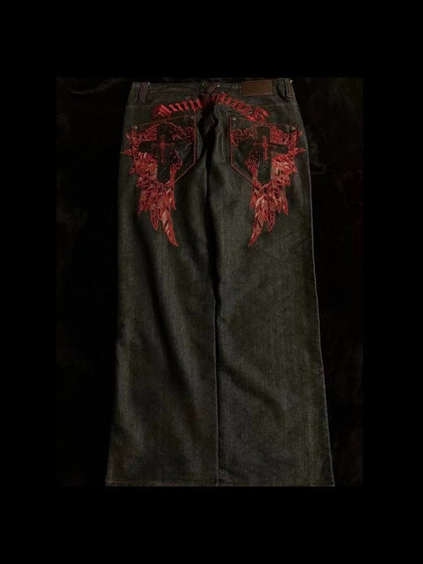 Black American Vintage Embroidery Boyfriend Jeans
