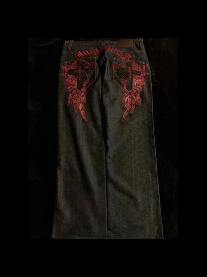 Black American Vintage Embroidery Boyfriend Jeans