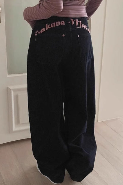 Black Embroidery Letter Print High Waist Jeans