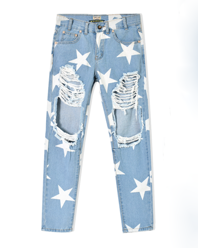 Star Print Ripped Straight-Leg Trousers