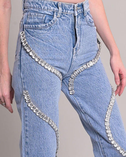 High-Waisted Rhinestone Paneled Straight-Leg Casual Jeans