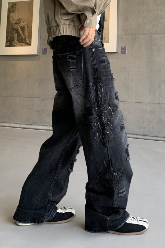 Black Washed Graffiti Faux Ripped Relaxed Straight Jeans