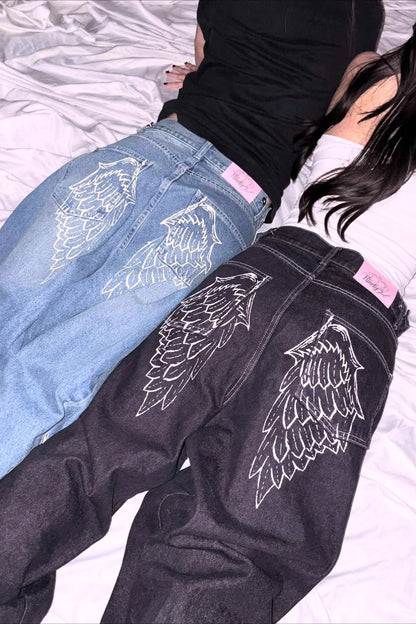 Angel Wing Embroidery Rhinestone Straight Jeans