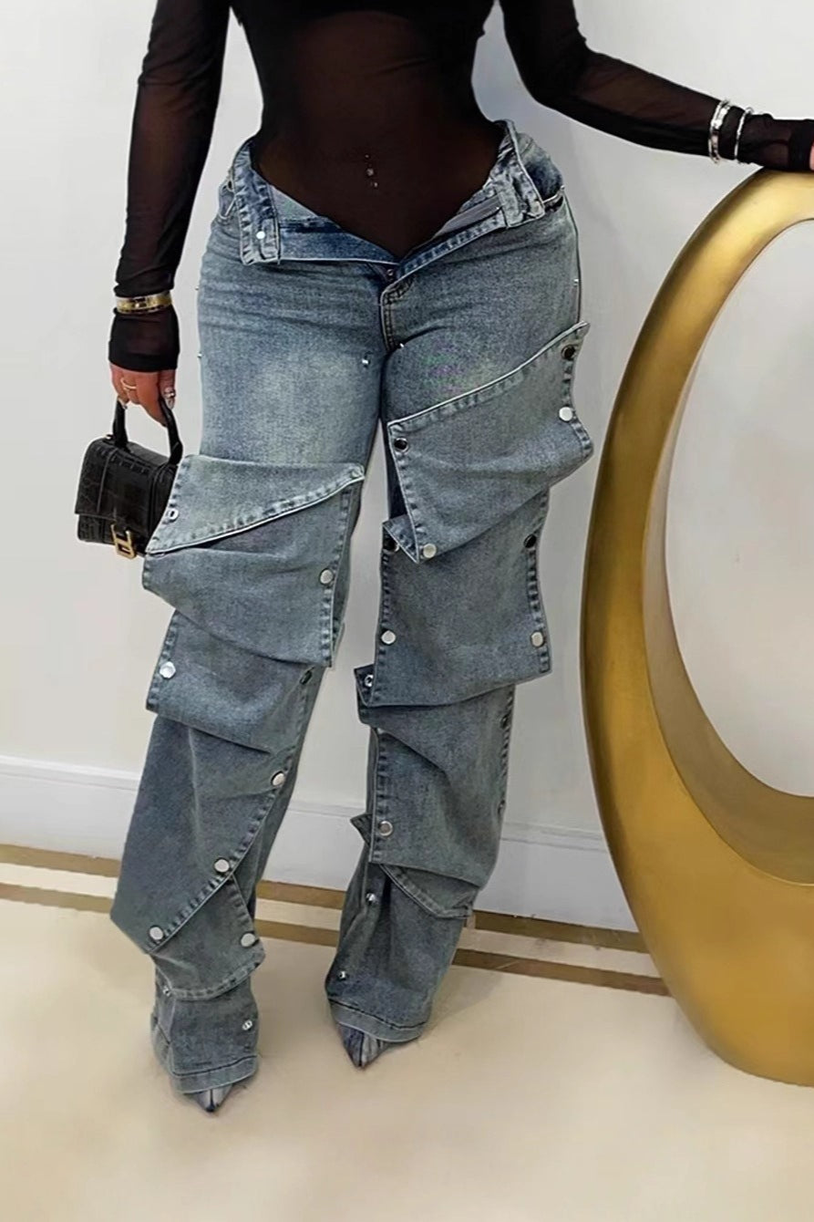 Detachable Snap High Waist Straight Jeans