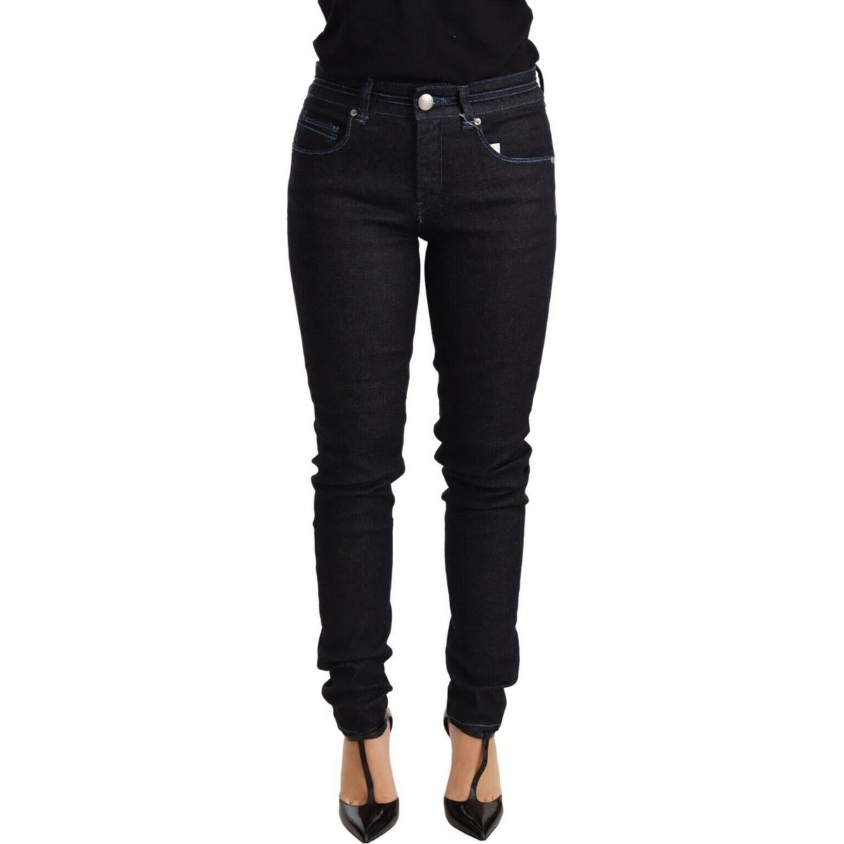 Acht Blue Cotton Low Waist Slim Fit Denim Women Trouser Jeans