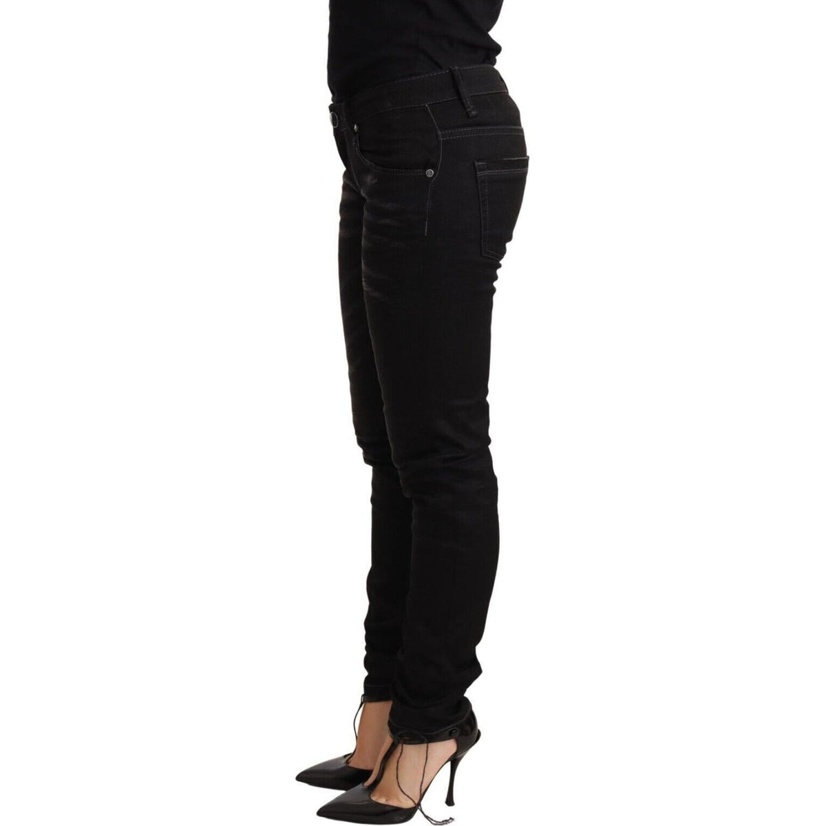 Acht Black Washed Cotton Slim Fit Denim Low Waist Trouser Jeans