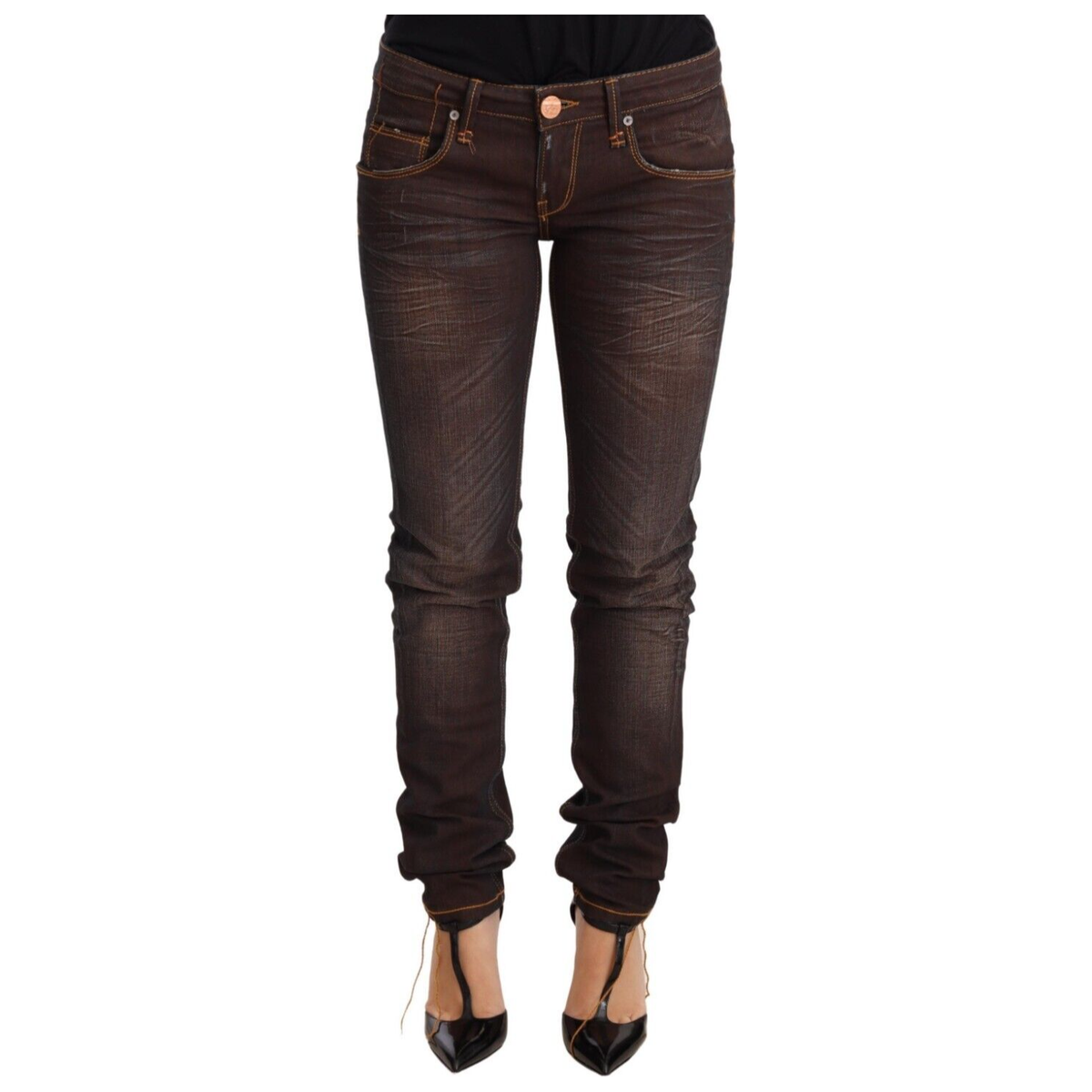 Acht Brown Washed Cotton Slim Fit Denim Low Waist Trouser Jeans