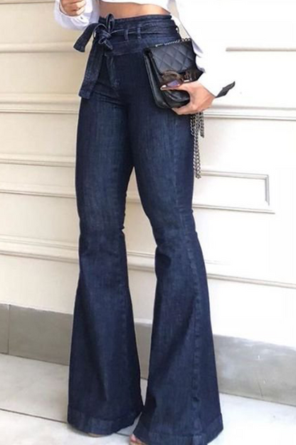 Casual Solid Patchwork Mid Waist Boot Cut Denim Jeans