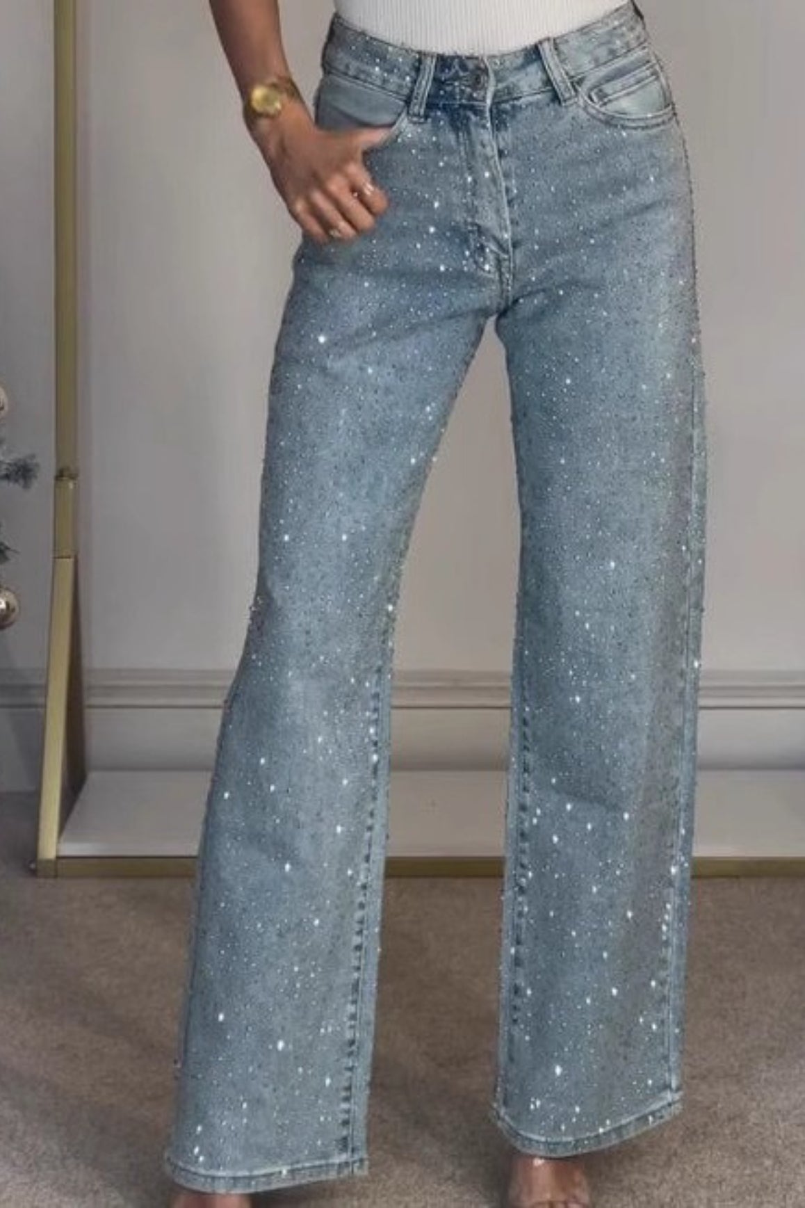 High Waist Crystal Embellished Washed Straight Jeans