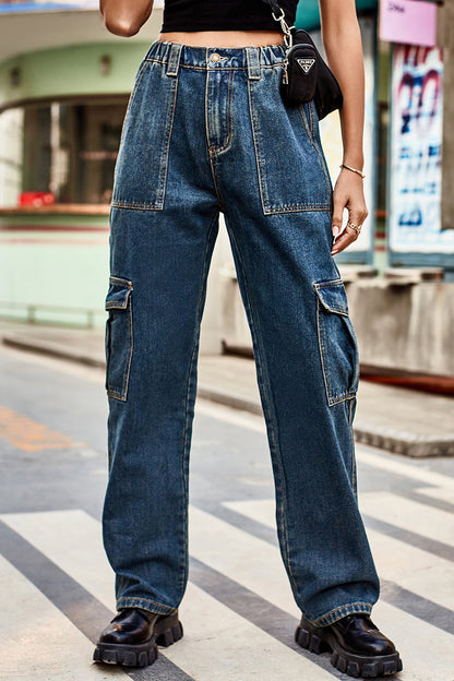 Casual Street Solid Pocket Loose Denim Jeans