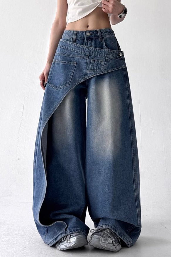 Asymmetric Panel Patchwork Wide Leg High Waist Jeans