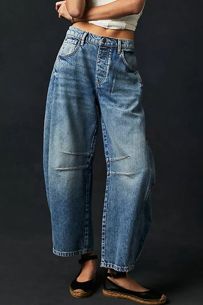Casual Street Solid Make Old Loose Denim Jeans(No Belt)
