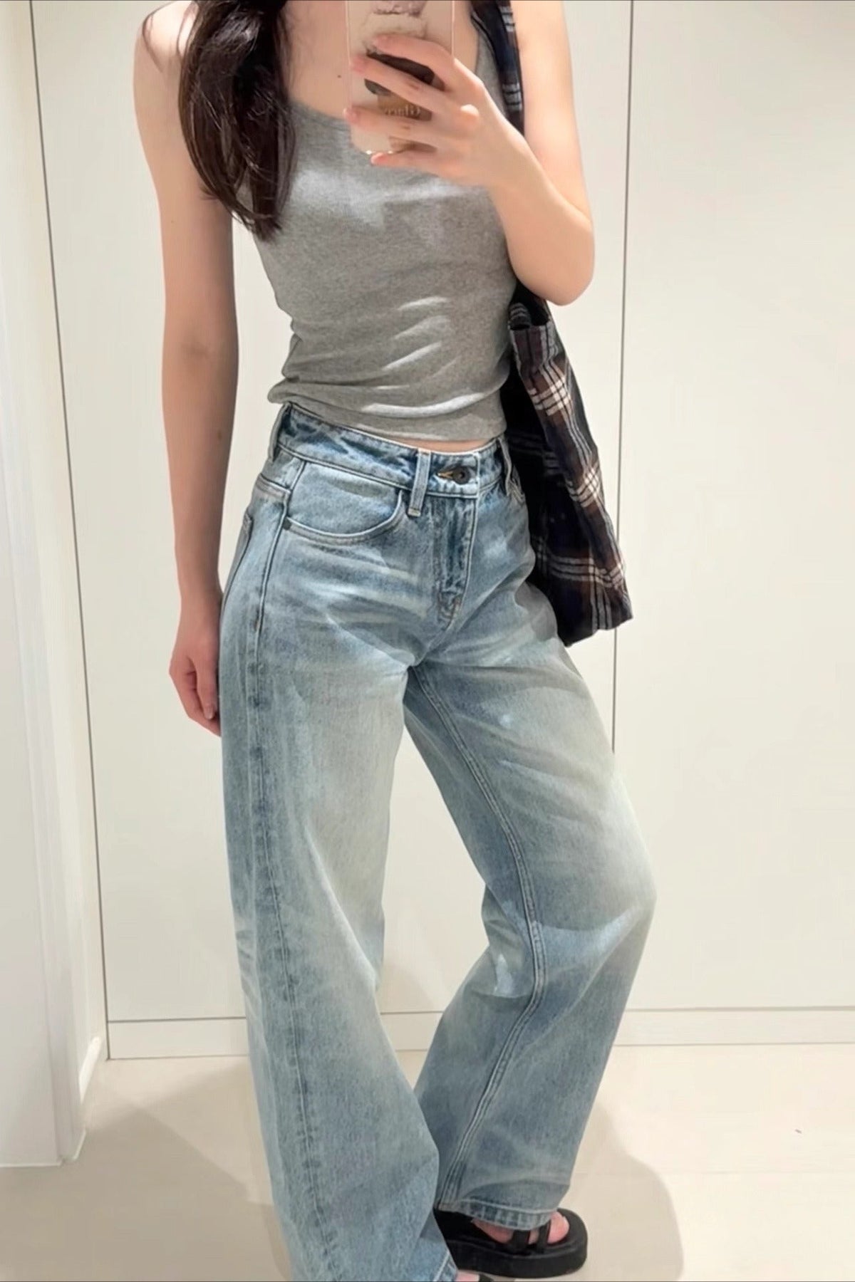 Vintage Heavy Washed Cotton Straight Mid Rise Jeans