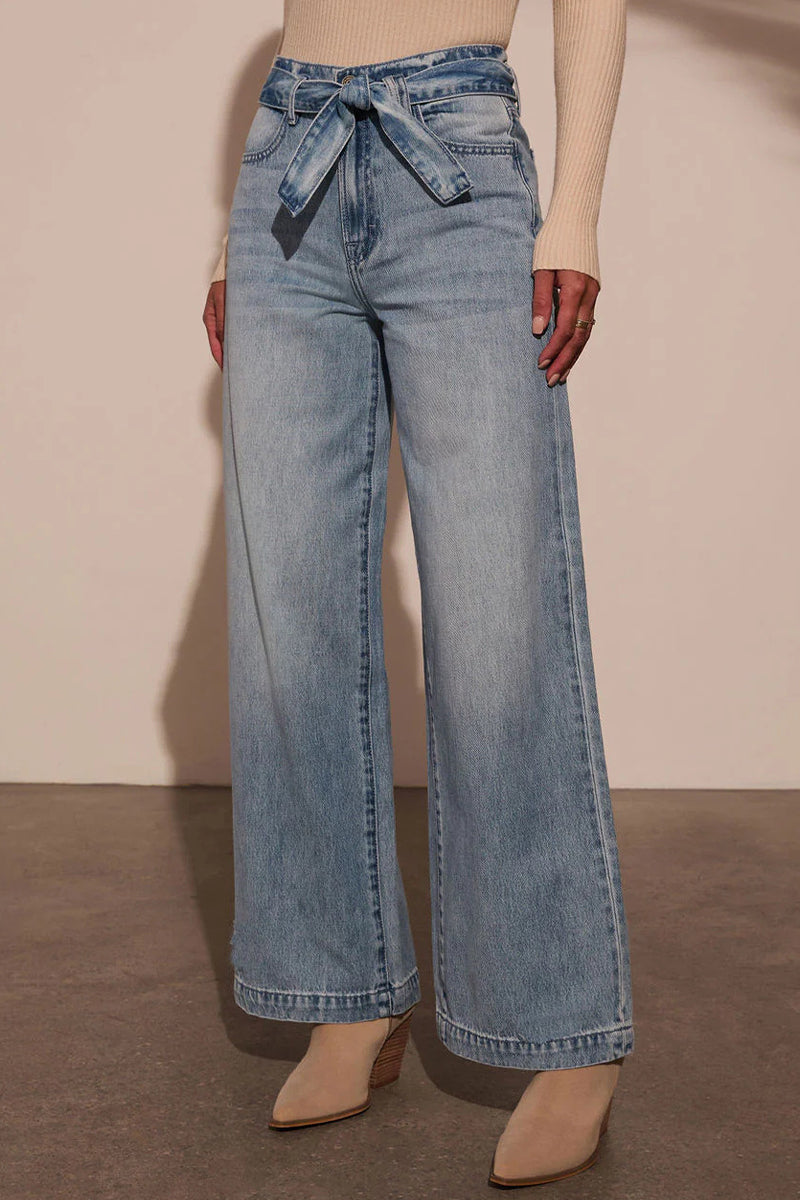 Casual Gradient Color Distressed Lace Up High Waist Loose Denim Jeans