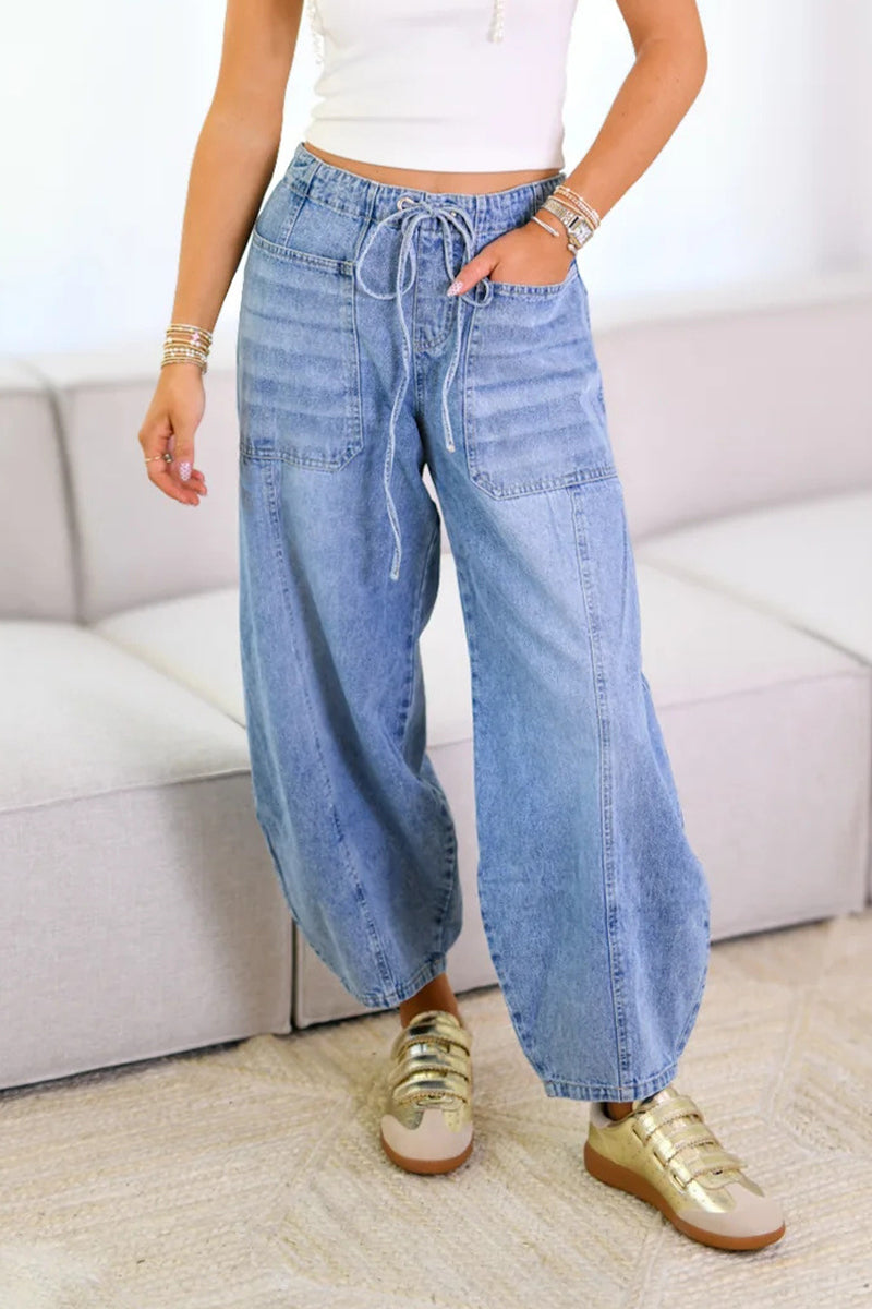 Street Solid Color Draw String Pocket Mid Waist Loose Denim Jeans