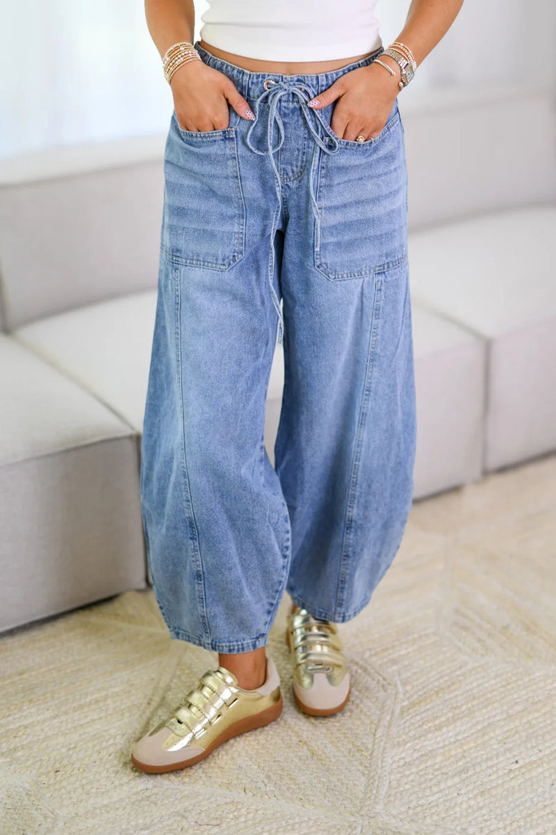 Street Solid Color Draw String Pocket Mid Waist Loose Denim Jeans