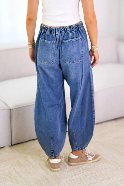 Street Solid Color Draw String Pocket Mid Waist Loose Denim Jeans