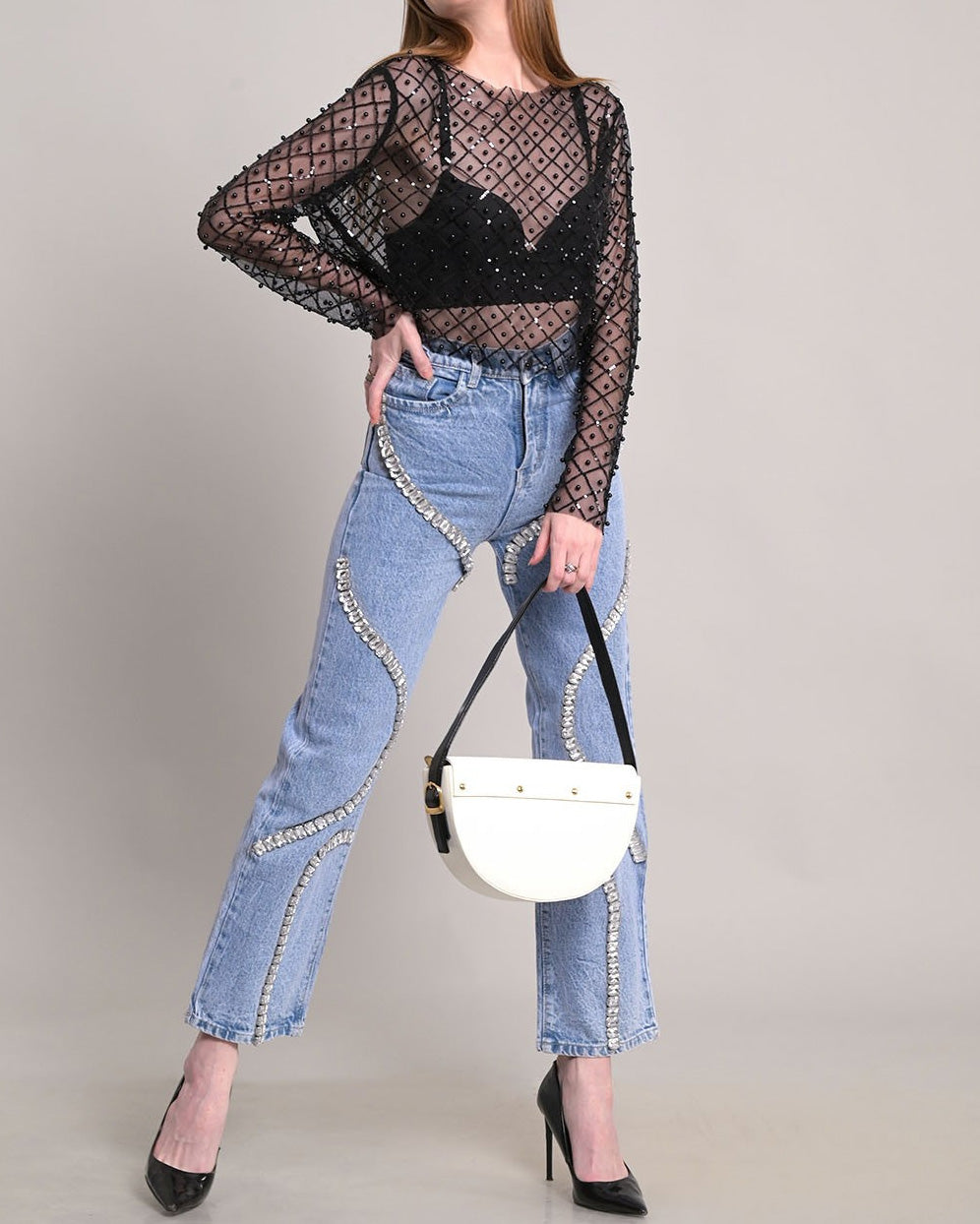 High-Waisted Rhinestone Paneled Straight-Leg Casual Jeans